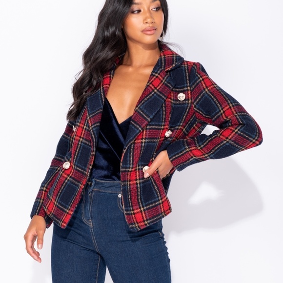 Theron Navy & Red Plaid Double Breasted Blazer - Picture 4 of 8